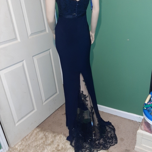 [New Vogue] Navy drop shoulder lace formal gown - Picture 1 of 10